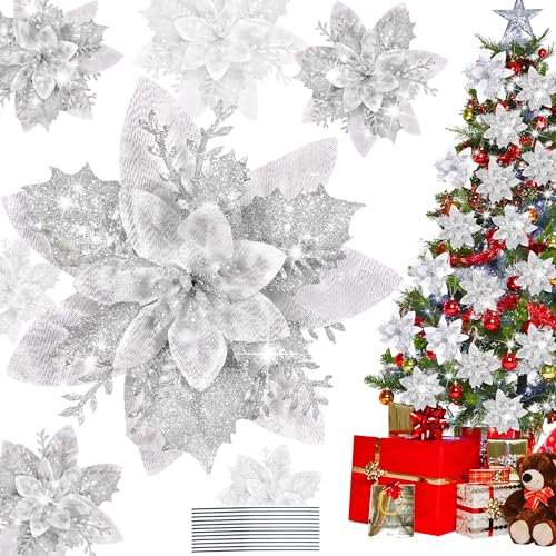 Pecehom 16 Pieces Poinsettia Christmas Decorations,Glitter Artificial Poinsettia Flowers Christmas Tree Ornaments,for New Year Wedding Xmas Wreath Home Party Decor (Silver)