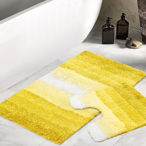 Velosso High-Density Soft Microfibre Striped Non-Slip Bath Mat 50 X 80 cms and Pedestal Mat 50 X 50 cms Bathroom Rug, Quick Dry Super Absorbent Shower Mat (Ochre)