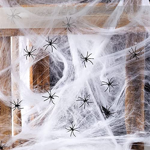 Halloween Deko Spinnennetz, mit 200g Spinnennetz und 30 Spinnen, für Indoor Tischdekoration Party Tür und Fenster Karneval Garten Horror, für Outdoor