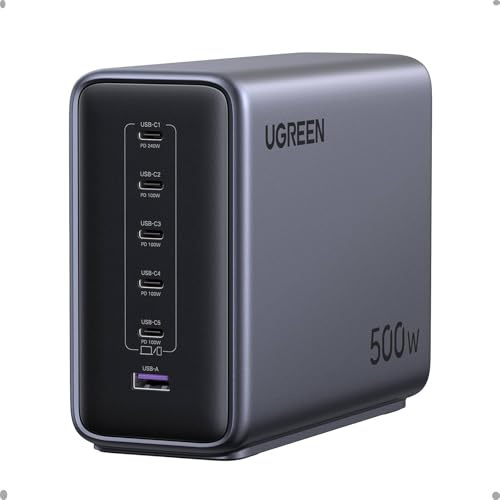 UGREEN Nexode 500W USB-C-laddare, 6 portar, PD 3.1 Maximalt 240W per port | GaN-laddningsstation, bordsladdare, perfekt för kontoret, kompatibel med MacBook, iPad, iPhone 17-8-serien, Galaxy S25-S22