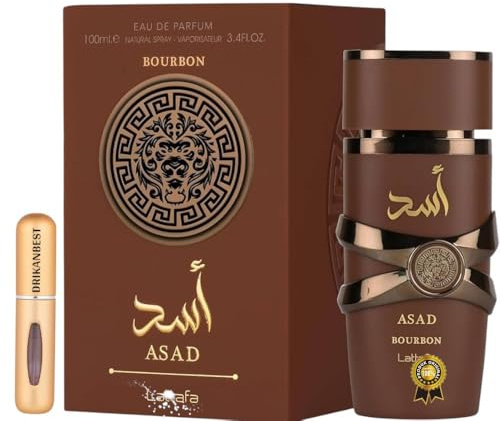 Perfume Asad Bourbon Eau de Parfum 100ml (ORIGINAL) Perfume Masculino con Notas de Vainilla Bourbon, Cacao y Vetiver+ REGALO Atomizador recargable 5ml DRIKANBEST