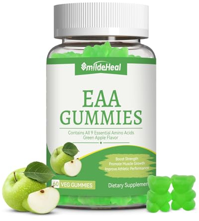 SmideHeal EAA Gummies, 5750 mg Essential Amino Acids - All 9 Essential Aminos (EAA) and All Branched-Chain Aminos (BCAAs), Non-GMO, Gluten Free, Vegetarian Friendly, Apple Flavor, 60 Gummies