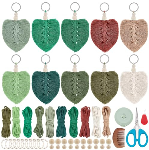 FREEBLOSS Kit de 10 Porte-Clés en Macramé Porte-clés Feuille en Corde de Coton Kit de DIY Boho en Macramé pour Clés, Sac à Main, Téléphone, Portefeuille