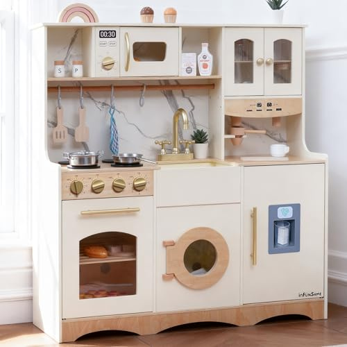 inFUNSAME Kids Kitchen Playset for 3-8 with 20 Pcs, All-in-One Complete Play Area with Fridge, Ice Maker, Coffee Maker, Washer & Microwave, Educational Toy Gift for Boys & Girls