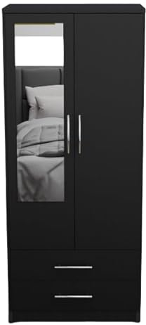 Fully Assembled 2 Door Modern 1 Mirrored Wardrobe with 2 Drawer Wardrobe – Freestanding Bedroom Storage Cabinet with Hanging Rail, 78W x 184H x 50D cm,Multiple Colours Available (BLACK)