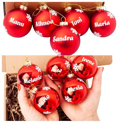 Olesea Bola de Navidad Personalizada con Nombre 5 Unidad | De Cristal Color Rojo Glossy o Matte – Adorno Navideño Exclusivo para Árbol | Decoración Navideña Elegante | | Natal Decoração