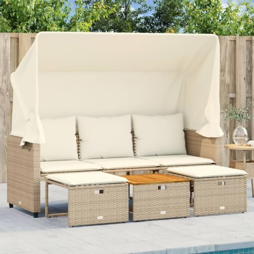Solivagant Canapé de Jardin 3 Places avec auvent et tabourets Beige rotin,(30 KG)
