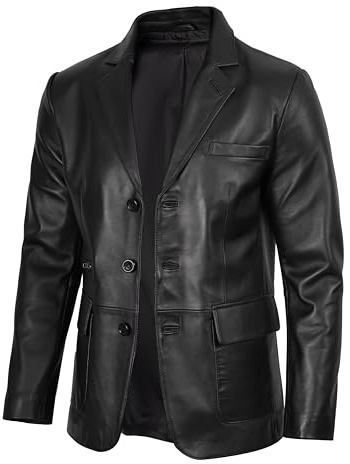 fjackets Vestes en cuir d'agneau Blazer en cuir de style classique pour hommes - Manteau en cuir pour homme, blazer Eliseo à 3 boutons pour homme noir | [1130805], XL