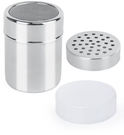 Acual Espolvoreador 2 en 1 de Acero Inoxidable 304, Tamizador de Azúcar Glas con Malla Fina y Tapa de Agujeros (4mm) para Especias, Cacao, Harina y Café Cappuccino - Incluye Tapa Hermética