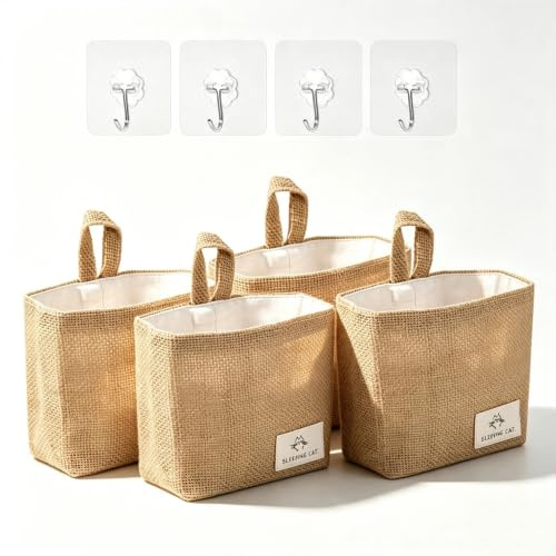 Yecuelo 4Pcs Cotton and Linen Hanging Storage Basket | Foldable Linen Wall Storage Box Hanging Storage Bag | Small Hanging Basket for Toys Makeup Small Affairs Keys Paper TV Remote Glasses(Oblong)