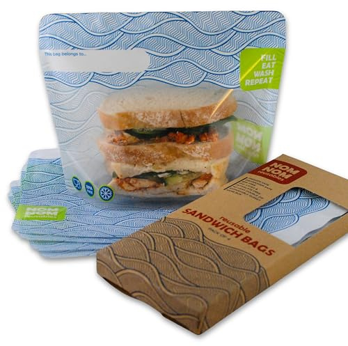 Nom Nom Reusable Sandwich Bags | 4 ziplock bags for sandwiches, wraps, bagels or salads | soup storage bag | freezer safe bag | dishwasher safe | Gusset Base