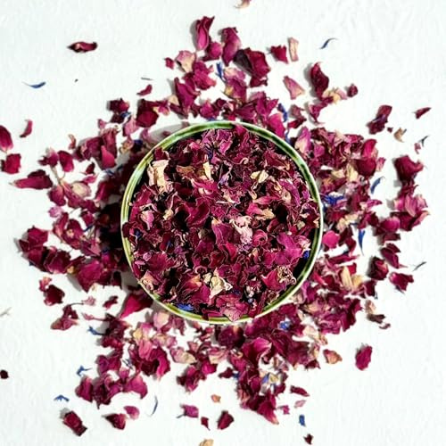 Edible Flower Petals – 50g - Enchanted Forest Blend of Dried Pink, Red and Burgundy Rose with Blue Cornflower – Certified Food Grade (184)