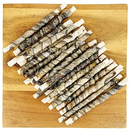 Trattamenti per cani naturali. Bastoncino dentale a lunga durata. Pelle di pesce merluzzo e pelle grezza. Snack da masticare. per cani di piccola, media e grande taglia. Omega-3. 20U.