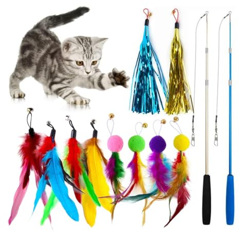 Voarge 12 pezzi giocattolo penna di gatto interattiva, giocattoli di gatti con colori vivaci (set di 2 canne da pesca a tre sezioni, 10 teste di ricambio con campana