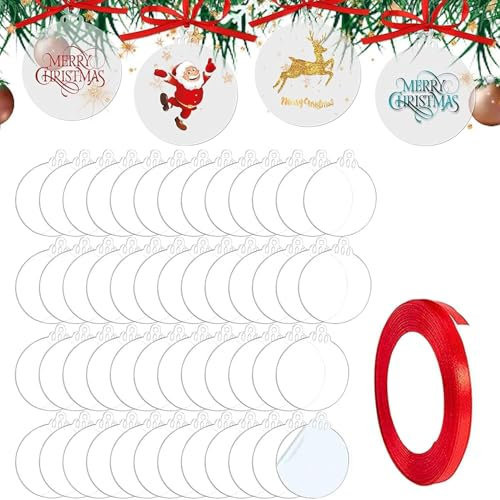 TSKDKIT 50 pcs Boules de Noël Rondes Feuille Acrylique Transparent avec Ruban, Boules Plates pour Travaux Manuels, Noël disques Acrylique Transparent pour décoration de fête d'arbre (7,6 cm)