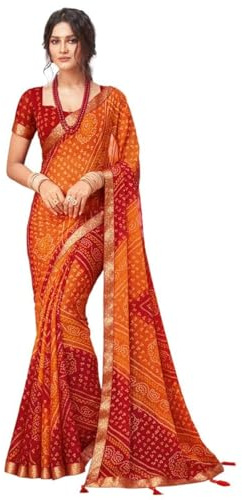 SIRIL Women's Bandhani Printed Chiffon Saree With Blouse(2612S2080_) 5.5 Meters Orange & Red