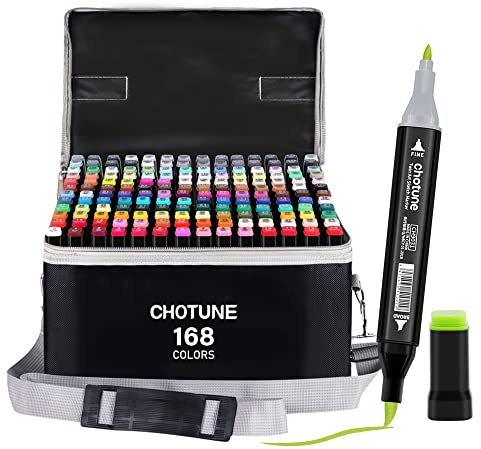 CHOTUNE 168 Farben Marker Set, 2023 Neueste Permanenter Marker, Einzigartiges Doppelkopf-Design, Ausgestattet mit Schwarzer Tragetasche Lagerbasis für Manga Skizzieren Zeichnung