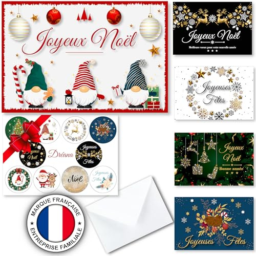 DREANA Kit de 10 cartes de Noel en FRANCAIS pour vos cartes de vœux, invitations ou cadeaux de noël (KIT=10 cartes + 10 enveloppes + 10 stickers). 5 modèles différents (Kit cartes)