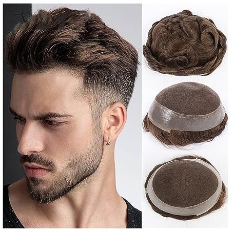 Pelucas para Hombre Tupé de hombre transpirable Piezas de cabello humano indio Cordón suizo y PU alrededor de prótesis Peluca masculina Sistema de reemplazo de cabello de onda de doble nudo para uso d