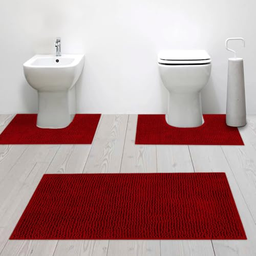 Susanna Home – Set 3 Tappeti da Bagno in Microfibra Shaggy Antiscivolo, Tappeto Rettangolare, Giro Water e Giro Bidet, Super Assorbente, Morbido e Lavabile - Disponibile in Diversi Colori (BORDEAUX)