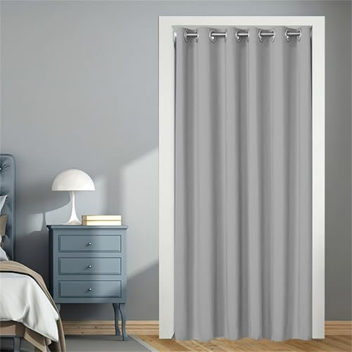 Surwin Volltonfarbe Türvorhang, Vorhänge, Verdunklungsvorhänge, Vorhang Blickdicht, Gardinen mit ösen, Türvorhang mit Vorhangseil für Falttür Schrankvorhang Raumteiler Küchentür (Hellgrau,120x200cm)