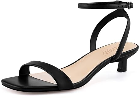 Dumjey Women Black Kitten Heel Sandals Ankle Strap Heeled Sandals Square Open Toe Dress Evening Party Shoes - Black 12 US