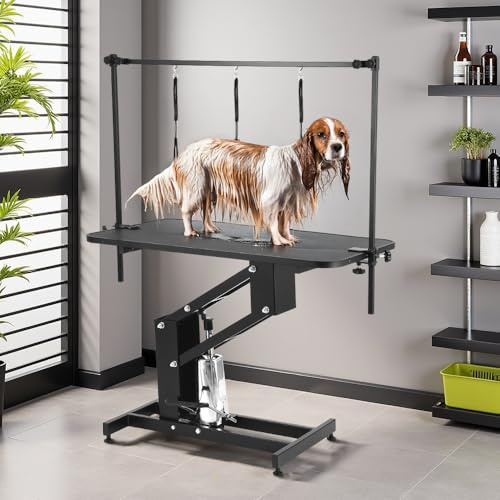 DARDVORLAG Hydraulischer Haustier-Frisiertisch – Höhenverstellbar 57–98 cm, rutschfeste PVC-Oberfläche, 3 Nylon-Hängestricke, Robuste Eisenkonstruktion