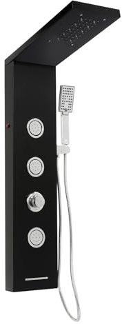 Duschpaneel mit Armatur, Duschsäule mit LED-Beleuchtung, 3 Massagedüsen, Multifunktionales Duschsystem aus Edelstahl, Handbrause und Wasserfall Dusche (Schwarz)