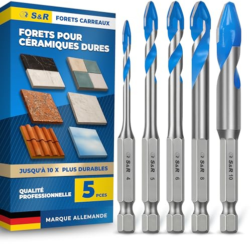 S&R Set Punte Trapano Ceramica Dura 5 pz - Punta 4/5/6/8/10mm – Punta Trapano per Piastrelle, Marmo, Granito, Vetro, Porcellana, Tegole, al Carburo di Tungsteno – Codolo Esagonale ¼”.