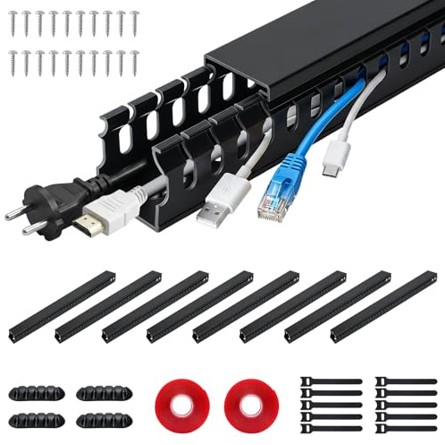COEWUR 8 * 40 CM Canalina Autoadesiva Kit Canalina Passacavi PVC Canaline Portacavi in Totale 320 CM Gestione dei Cavi Nero per Scrivania e TV con Fermacavi,Fascette,Nastro Adesivo,Viti(30x30x400mm)