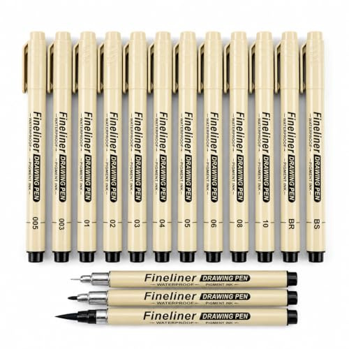 Pnrskter Fineliner Schwarz Stifte Tuschestifte, 12er Fineliner Set Zeichenstifte für Manga, Skizzen, Technisches Zeichnen, Comic, Anime, Malen, Wasserfest Fine Pigment Liner Art Supplies