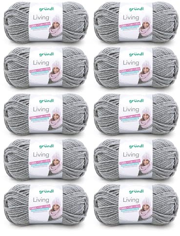 Gründl Wolle Living - Dicke Wolle zum Häkeln und Stricken - Winterwolle - Weich und wärmend - 80 % Polyacryl, 20 % Polyamid - 10 Knäuel 100 g / 100 m - Nadelstärke 8-9 - Mittelgrau