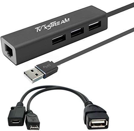 Adaptateur LAN Ethernet avec 3 ports USB Hub avec alimentation USB OTG incluse pour appareils de streaming TV FIRESTICKS, 2ème génération, 3e génération 4K, extension de stockage et plus encore