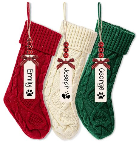 MOSTOP 3 Stück gestrickte Weihnachtsstrümpfe, einzigartige 45,7 cm große Größe, Zopfmuster, rustikale Weihnachtsstrumpf-Dekorationen für Familie, Feiertage, Dekoration, Burgunderrot/Elfenbeinweiß/Grün