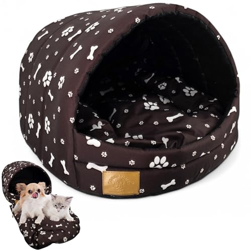 ODOLPLUSZ Hundehütte Hundehöhle Exklusives Haus Hund oder Katze | 2 Größen Komfortabel und Waschbar (Braun mit Pfoten, M)