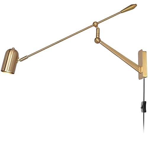 Langer Arm Wandleuchte mit Schalter Verstellbare Metall Wandspot Gold Industrial Wandlampe mit Stecker Wohnzimmer Schlafzimmer Wand-Leselampe mit Kabel Schwenkbarer Schirm E27 Wandbeleuchtung Innen