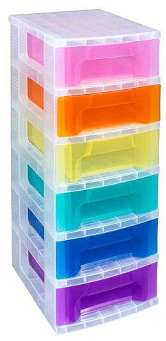Really Useful Box Plastic Storage Slimline Tower 6x3.5 Litre Clear Frame with Rainbow Drawers