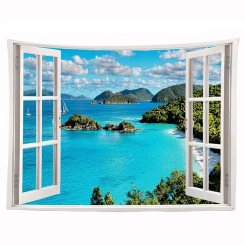 Ulticool – Ventana transparente mar naturaleza playa montañas – póster de tapiz – 200 x 150 cm – póster de jardín – tapiz grande – accesorio de decoración para jardín y salón – azul
