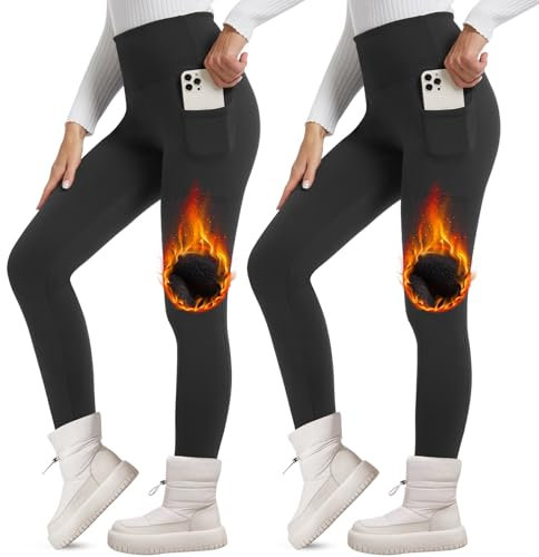 FOTOCITI Thermo Leggings Damen Winter Mit Tasche Thermoleggins Gefütterte Fleece Warme Thermounterwäsche High Waist Lange Sportleggins Yogahose Hose