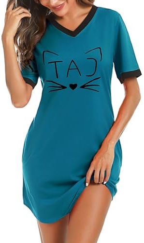 Litherday Camicie da Notte da Donna in Cotone Camicie da Notte con Tasche Camicia da Notte Scollo a V Pigiameria Manica Corta Pigiama Camicia da Notte Loungewear, Blu Lago, M