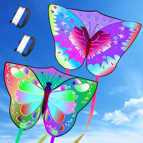 Lubibi 2PCS cerf-Volant pour Enfants et Adultes,cerf Volant Enfant,Cerf-Volant Papillon,avec Ficelle et poignée,pour Les Enfants et Les Adultes Facile à Piloter,100 * 72CM-avec Longue Queue de 145 CM