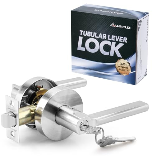 ANNFUZ Round Heavy Duty Entry Door Lever Handle Lock With Key for Office/Front Door,Entrance Interior Exterior Door Knob Hardware,Lockable,Not Keyed Alike,Reversible for Left/Right Side,Brushed Nickel