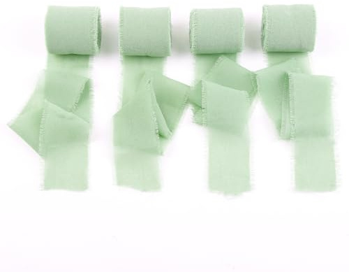 AOOWU Cinta de Gasa de Seda, 4 PCS Volúmenes Cinta de Decoración, 3.8cm x 20m Cinta de Gasa Ancha, Cinta de Seda Verde para Invitaciones de Boda, Ramo de Novia, Decoración y Envolver Regalos