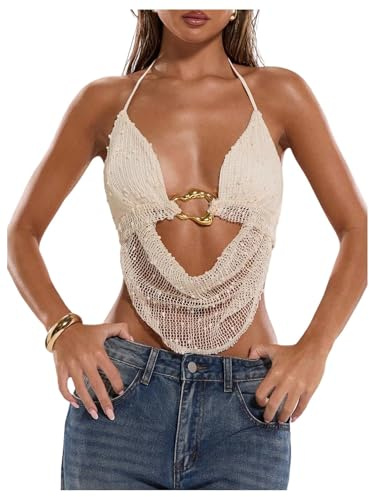MakeMeChic Women's Y2k Crochet Halter Top Open Back Metal Ring Draped Front Summer Sequin Rave Party Going Out Tops Beige Large