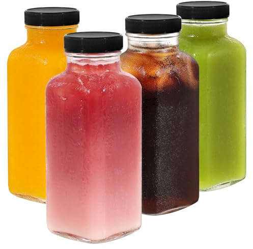 LIMILI Glass Bottles with Lids, 4pcs 300ml Reusable Wide Mouth Clear Glass Juice Bottles, for Milk, Hot Cold Drinks, Homemade Beverages (Black - 300ML)