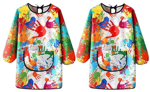 DAVBNM 2Pcs Kids Painting Apron, Waterproof Children Art Aprons With Large Pockets, Graffiti Long Sleeves Smock for Cooking, Painting, Craft, School