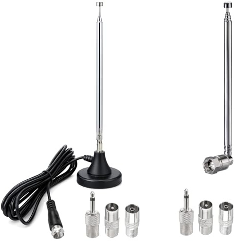 Minadax Radio & TV – 8-delat teleskopantennset med magnetisk bas och standardbas – DVB-T/T2, DVB-C, FM & DAB – 3 m kabel – 6 adaptrar – universell digital och analog mottagning