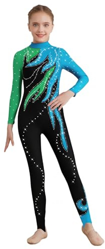 Agoky Ragazza Body da Ginnastica Danza Classica con Strass Tuta Intera da Pattinaggio Artistico Jumpsuit Tuta Sportivo da Yoga Jogging Tutine Allenamento B Green&Light Blue 9-10 anni