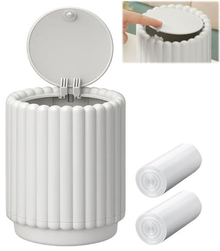 Rosqmor Papelera Oficina con Tapa, Pequeño Cubo Basura con 2 Bolsas De Basura, Mini Trash Can con Tapa Abatible para Mesas De Comedor, Cocinas, Escritorios, Dormitorios, Blanco Grisáceo