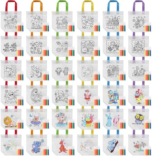 Canumer 36 Pcs Coloring Goodie Bags, Reusable Animal Cartoon Totes with 36 Markers, Cute DIY Crafts Party Favors for Birthday & Art Projects